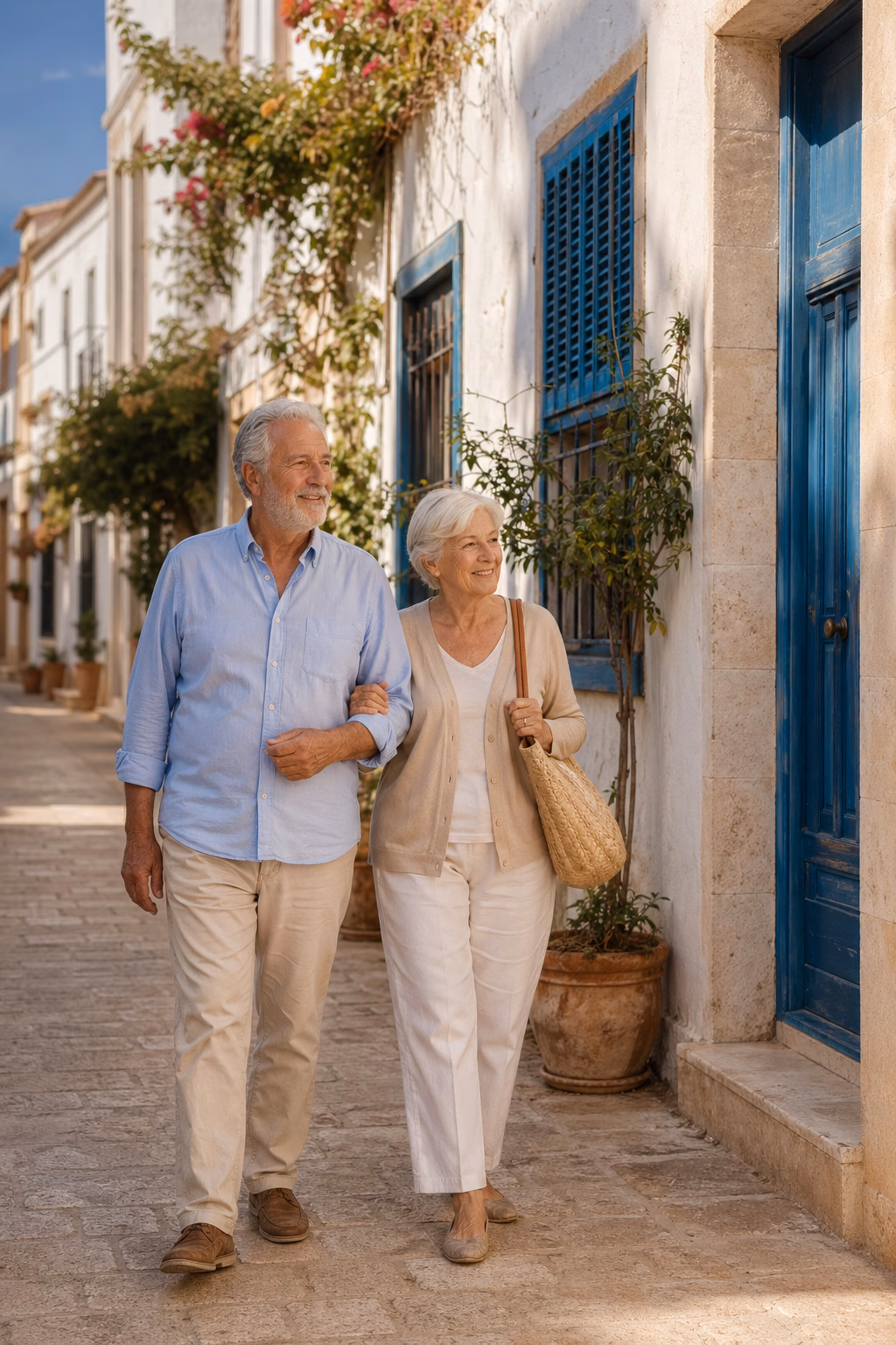 pareja senior paseando por el casco antiguo de Jávea